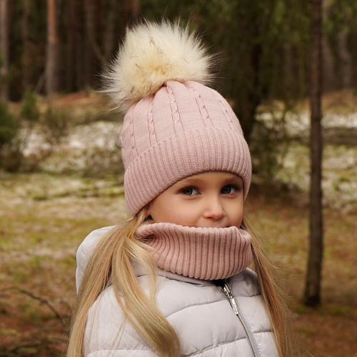 Meisjes winter set muts en buissjaal, zwart, met garen pompon, Lawa