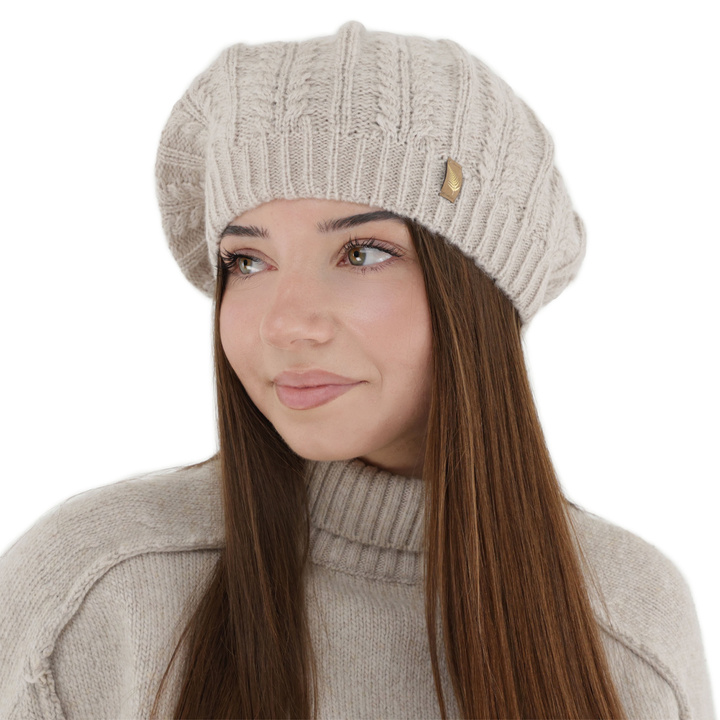 Dames winterberet, beige, met merinowol, Senja