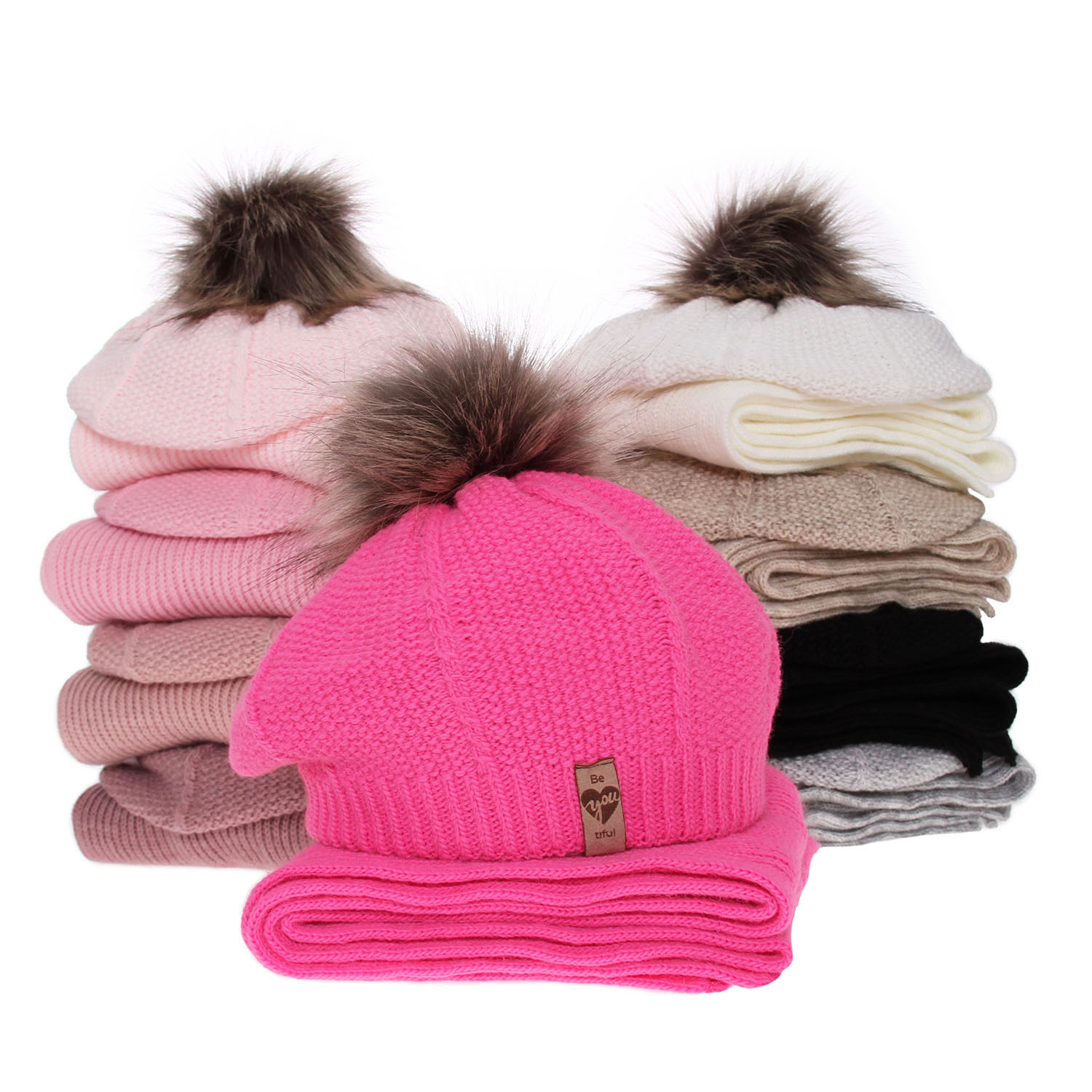 Ensemble d'hiver fille: beret et écharpe, rose, avec pompon, Elif