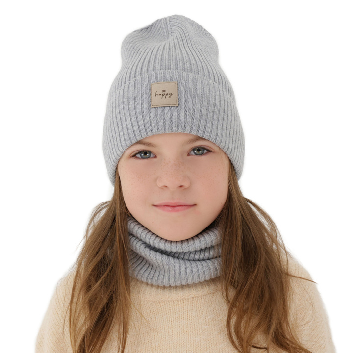 Ensemble automne/printemps fille: bonnet et snood, gris, avec laine mérinos, Vanita