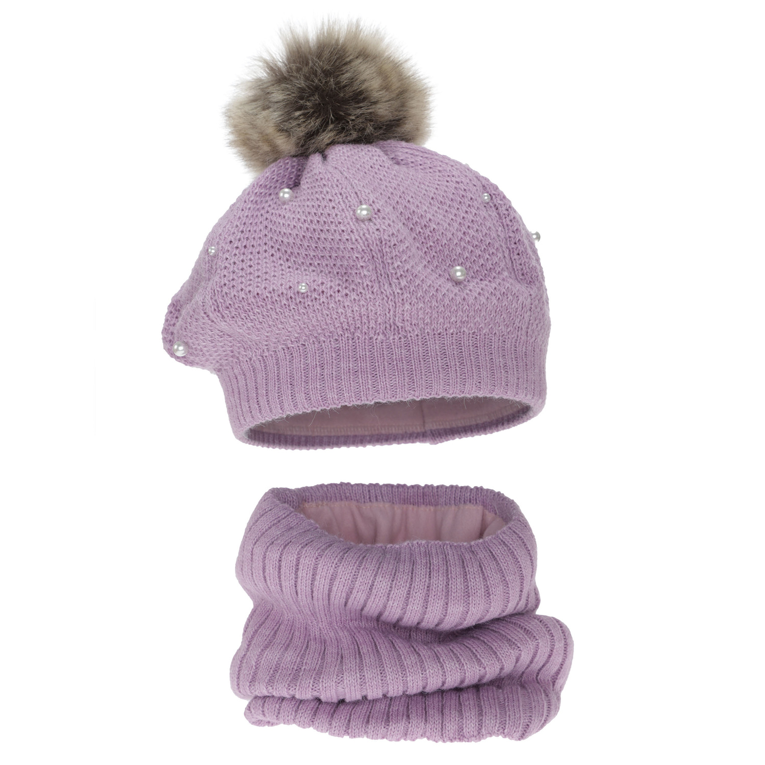 Meisjes winter set (beret en buissjaal), gevoerd met fleece, paars, met pompon, Jeanette