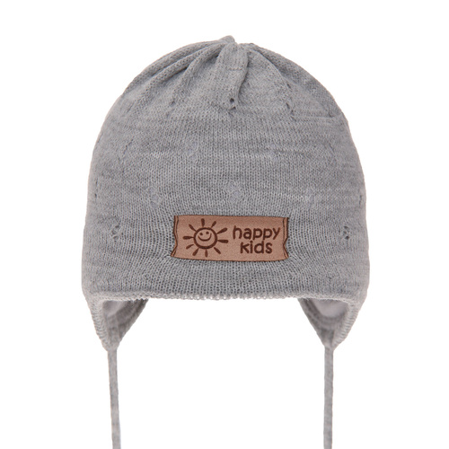 Jongens herfst/lente muts, grijs, met bindkoorden, geperforeerd, Bobi