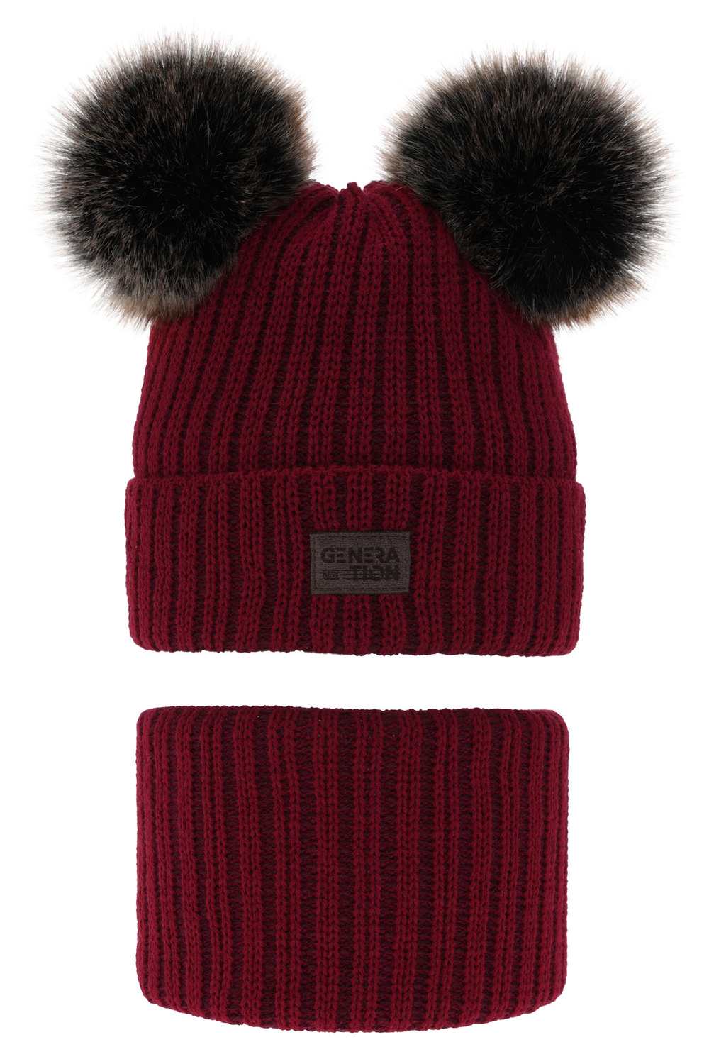 Ensemble d'hiver garçon: bonnet et snood, rouge, avec deux pompons, Tokio