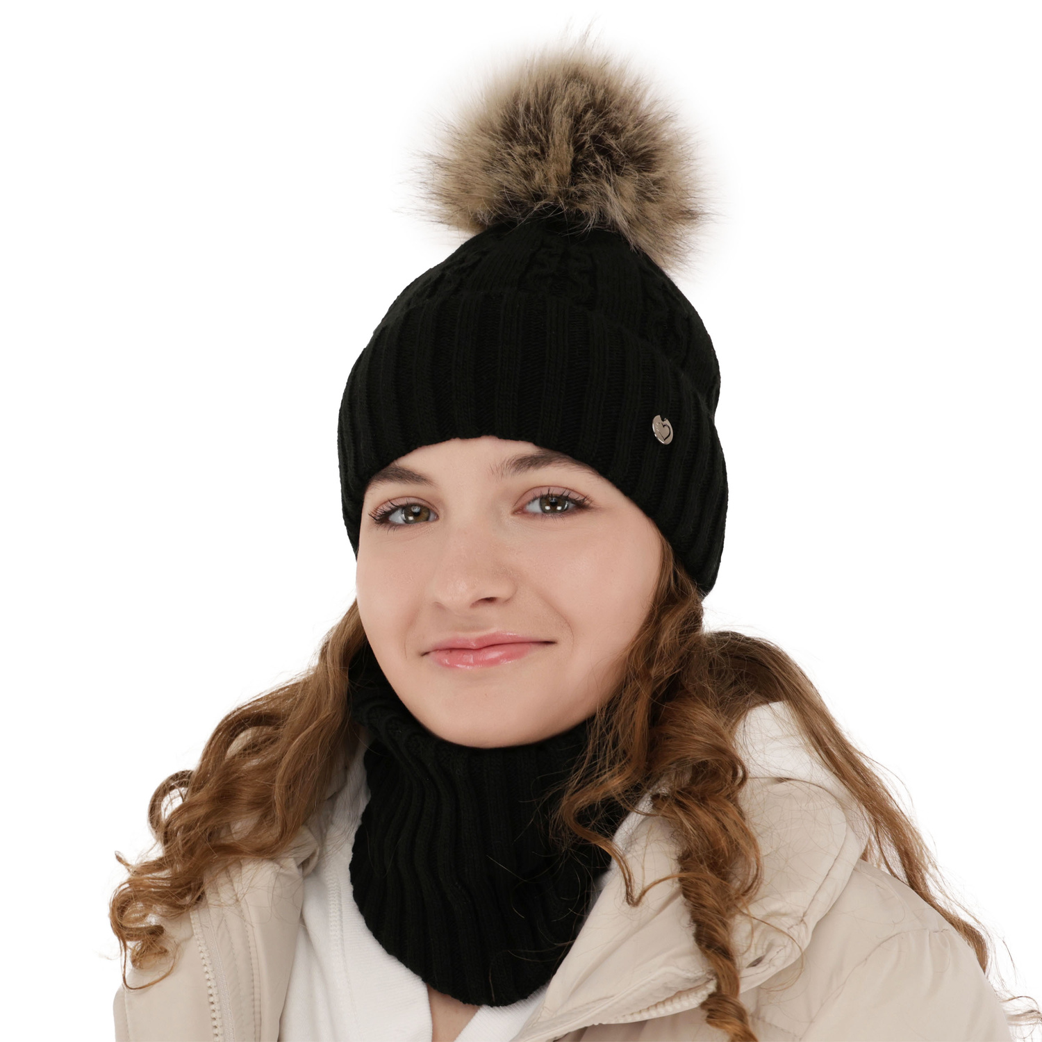 Ensemble d'hiver fille: bonnet et snood, rose, avec pompon, Felia