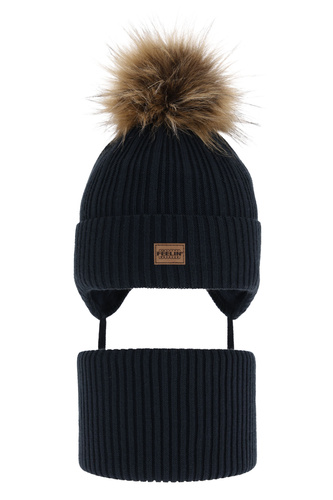 Ensemble d'hiver garçon: bonnet et snood, bleu marine, avec pompon, Eger