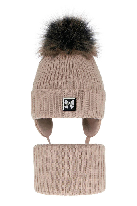 Ensemble d'hiver fille: bonnet et snood, beige, avec pompon, Kinia