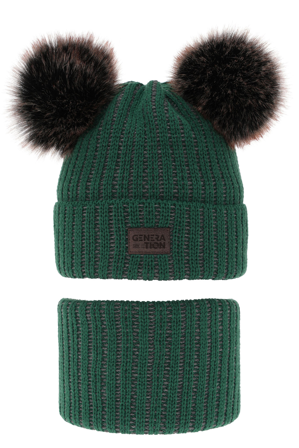 Ensemble d'hiver garçon: bonnet et snood, vert, avec deux pompons, Tokio