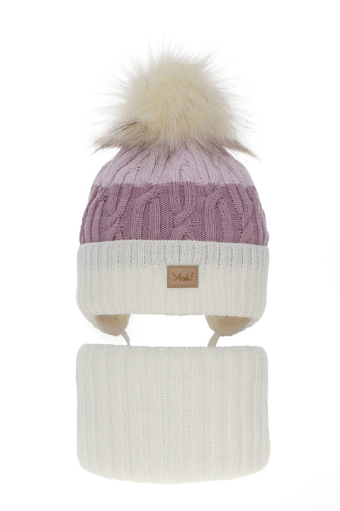 Meisjes winter set muts en buissjaal, crème, met garen pompon, Riviera