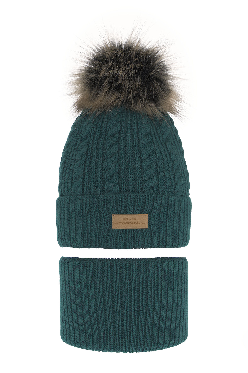 Ensemble d'hiver fille: bonnet et snood, avec pompon, szmaragdowy, Alika