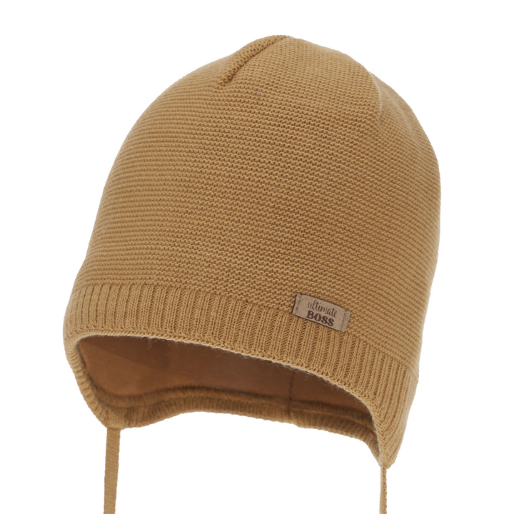 Jongens herfst/lente muts, camel, met bindkoorden, Valdis