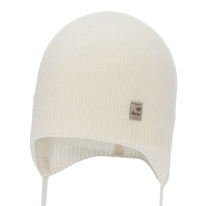 Jongens herfst/lente muts, crème, met merinowol, met bindkoorden, Tono