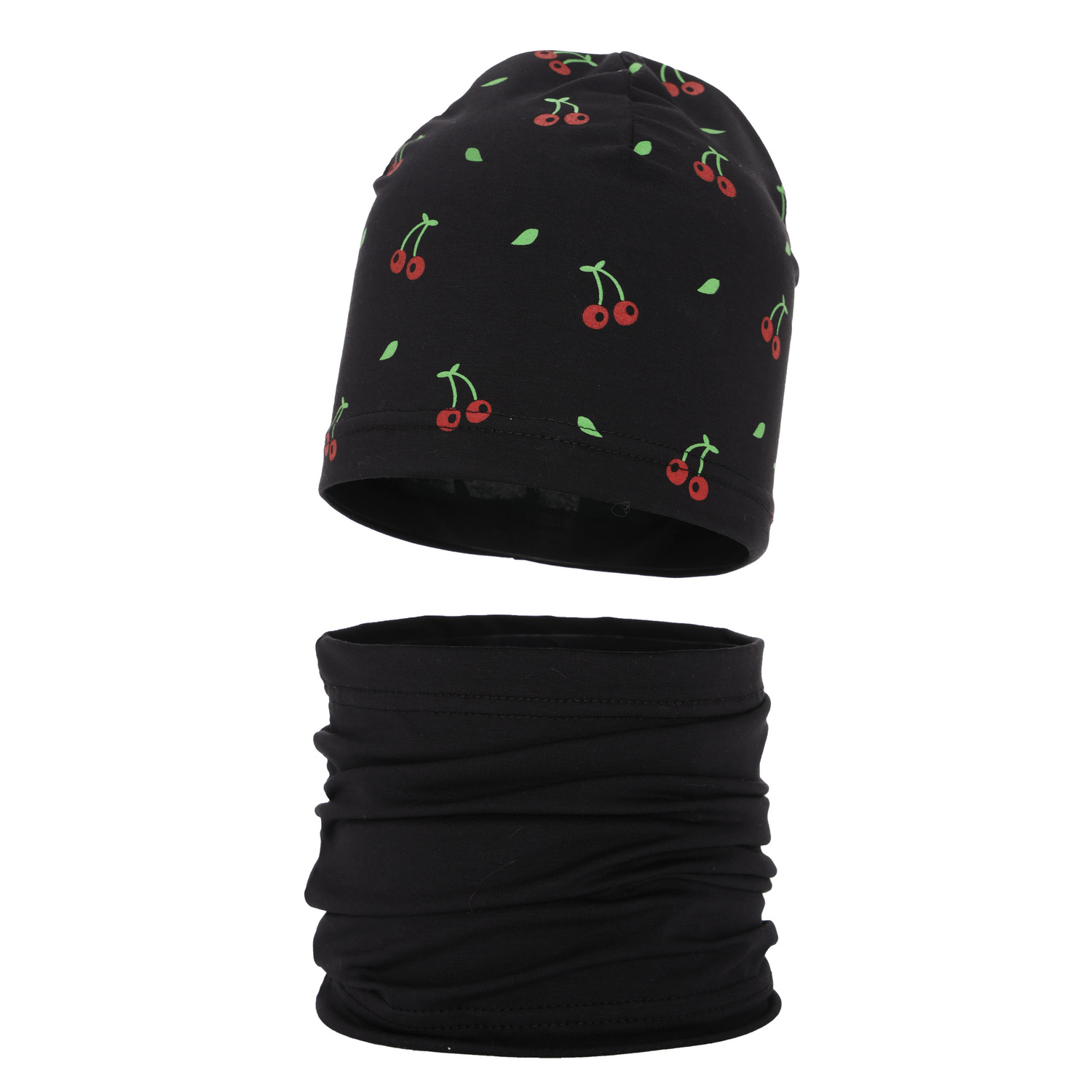 Ensemble automne/printemps fille: bonnet et snood, noir, en coton, Cerise