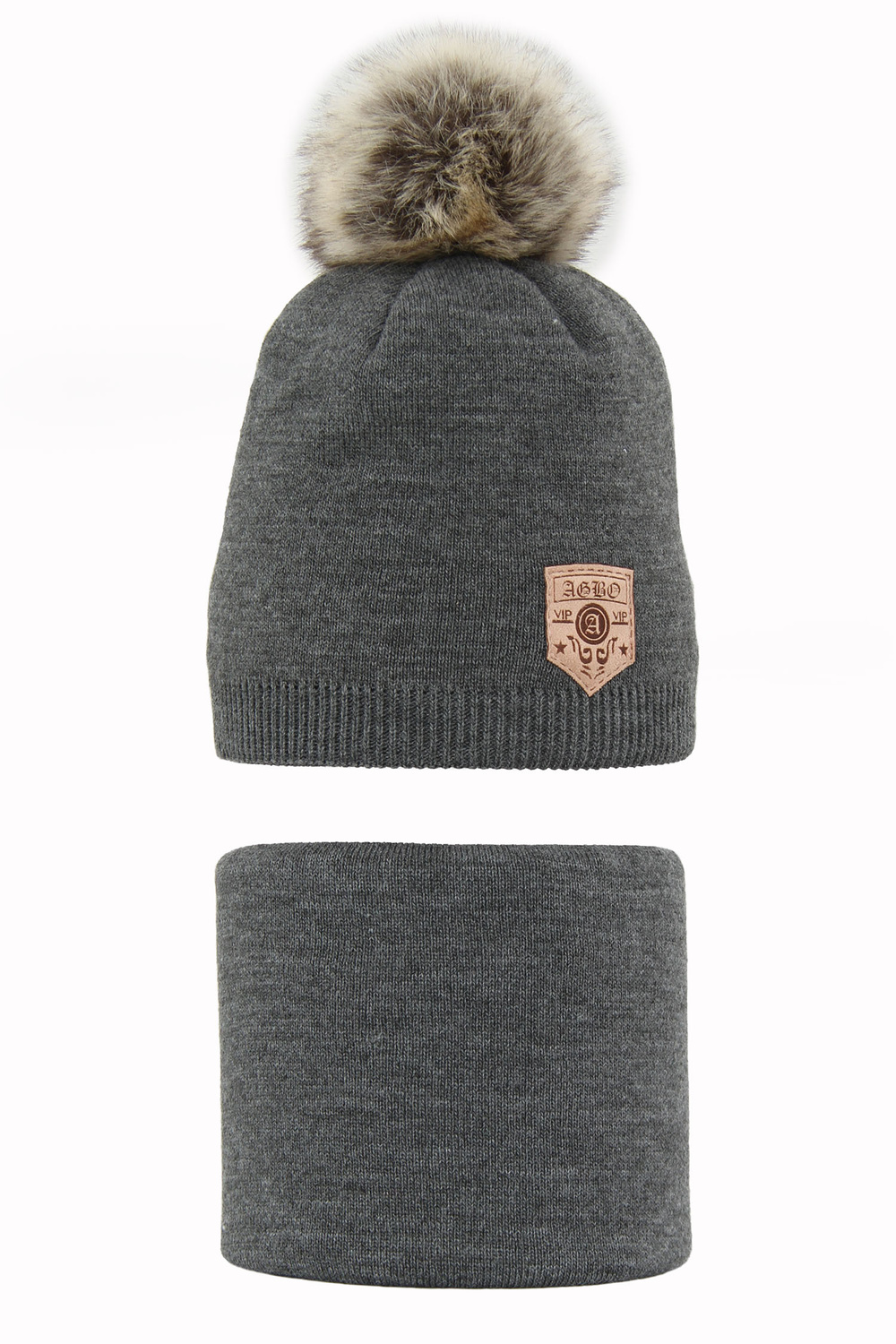 Jongens winter set, donkergrijs, met garen pompon, Apolin