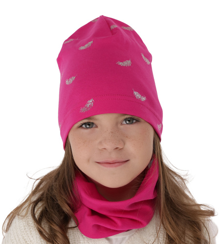 Ensemble automne/printemps fille: bonnet et snood, rose, en coton, Florena