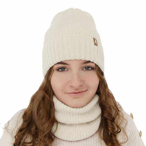 Ensemble d'hiver fille: bonnet et snood, crème, avec laine mérinos, doublé de polaire, Peggy
