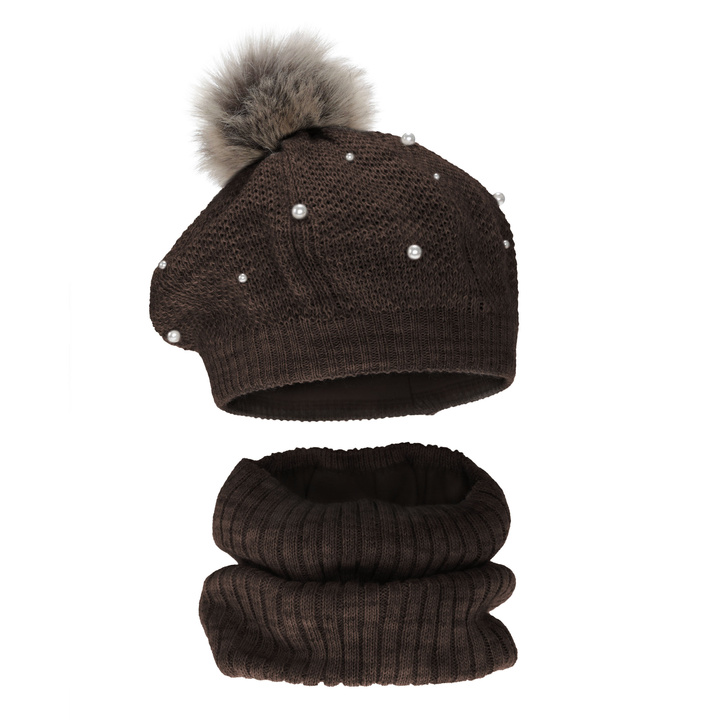 Meisjes winter set: beret en buissjaal, gevoerd met fleece, bruin, met pompon, Jeanette