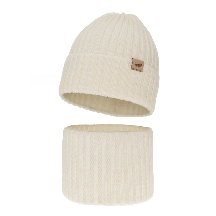 Ensemble d'hiver fille: bonnet et snood, crème, avec laine mérinos, Karmina