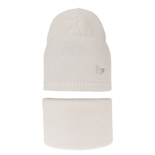 Ensemble automne/printemps fille: bonnet et snood, met katoen, crème, ajouré, Amarilla