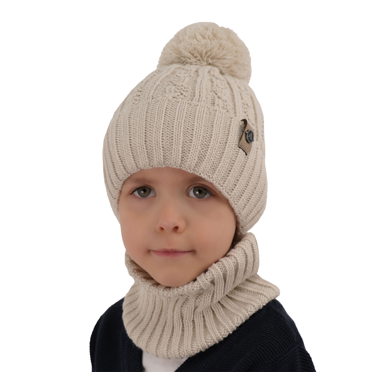 Ensemble d'hiver garçon: bonnet et snood, bleu marine, avec pompon, Almond