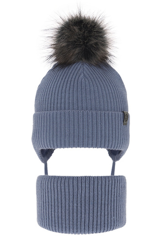 Ensemble d'hiver garçon: bonnet et snood, bleu clair, avec liens, avec pompon, Honed