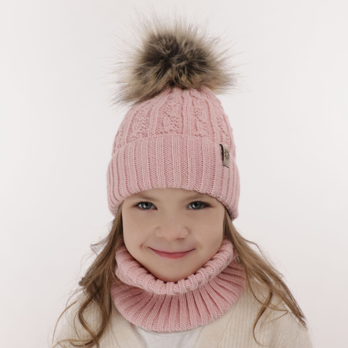 Ensemble d'hiver fille: bonnet et snood, rose, avec pompon, Pretoria