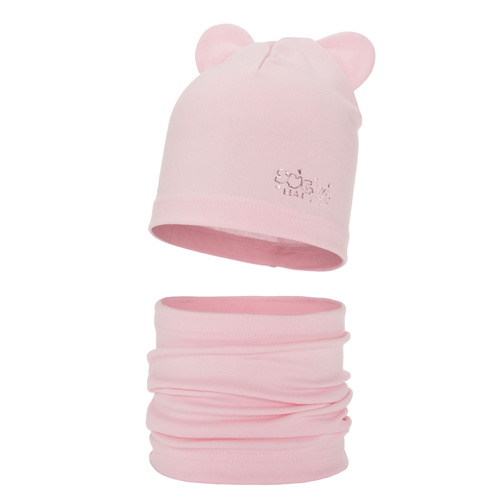 Ensemble automne/printemps fille: bonnet et snood, rose, en coton, Cyntia