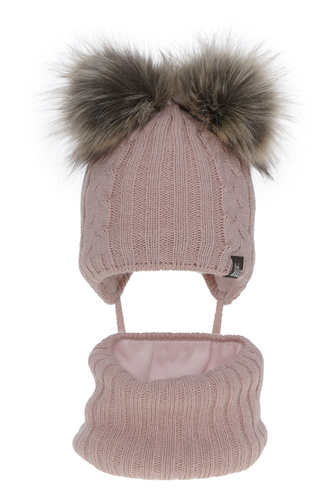 Meisjes winter set muts en buissjaal, roze, met twee pompons, met bindkoorden, Marlen