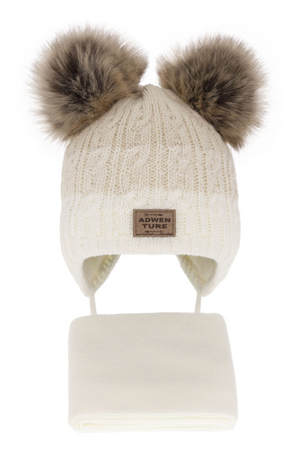 Ensemble d'hiver garçon: bonnet et écharpe, crème, avec deux pompons, Platon