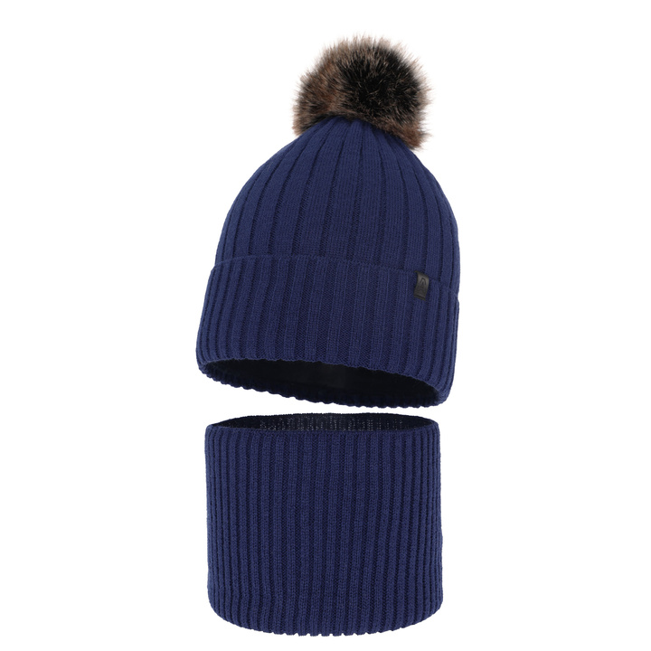 Ensemble d'hiver garçon: bonnet et snood, bleu marine, avec pompon, Relax