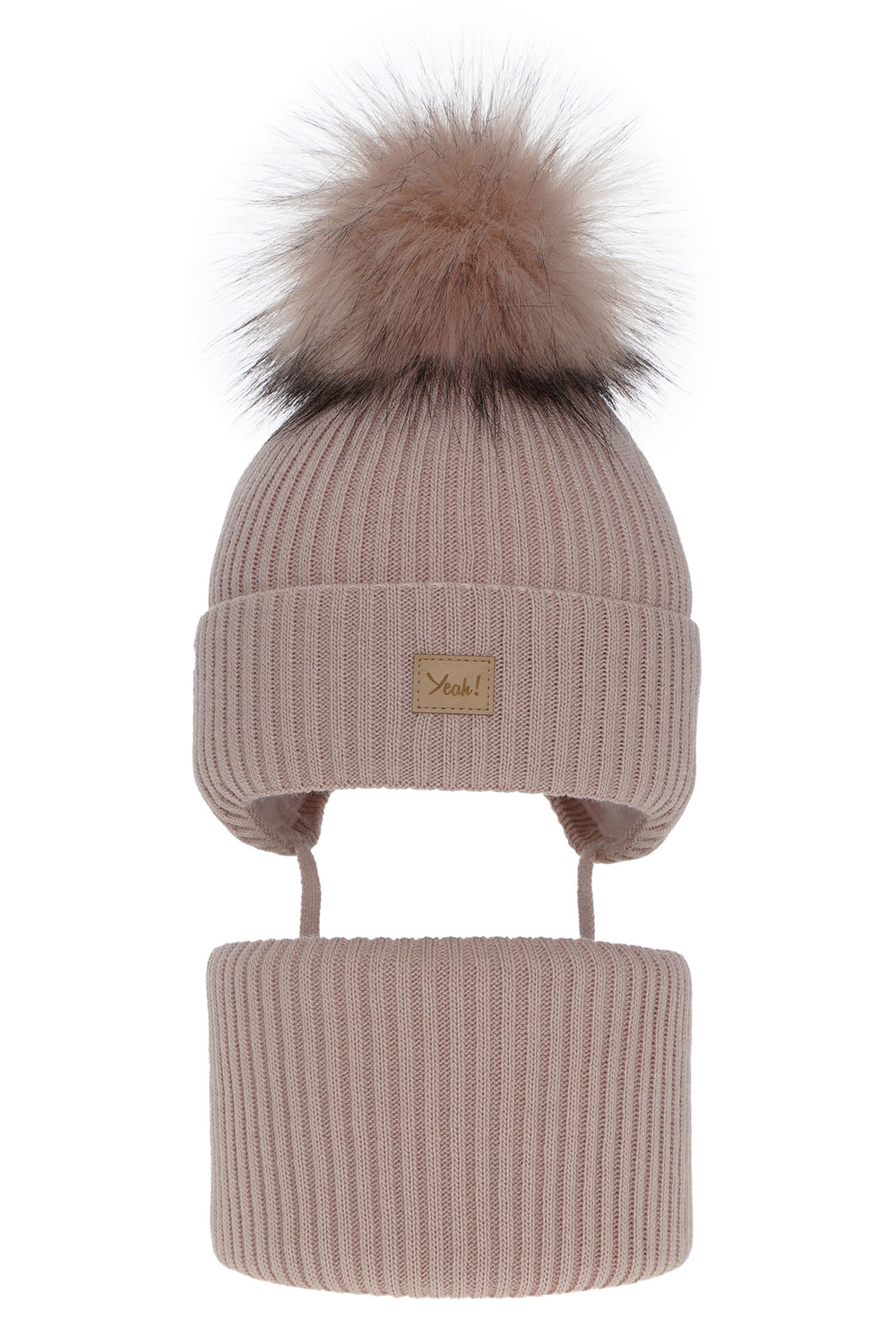 Meisjes winter set muts en buissjaal, roze, met garen pompon, Dilajla