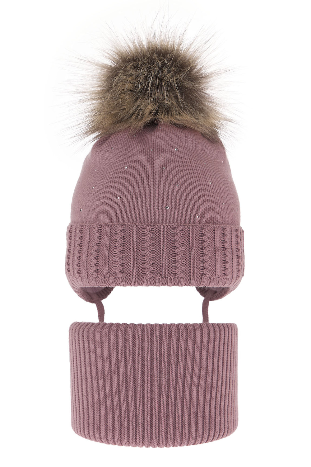 Ensemble d'hiver fille: bonnet et snood, lilas, avec liens, avec pompon, Renia