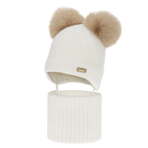 Meisjes muts en col, winter set, wit, 100% merinowol, gevoerd met wollen fleece, Lumia