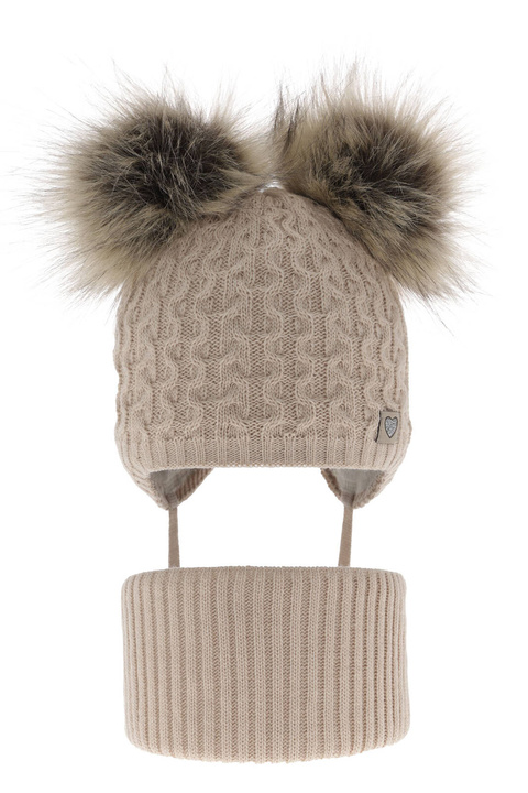 Ensemble d'hiver fille: bonnet et snood, beige, avec deux pompons, avec liens, Poliana