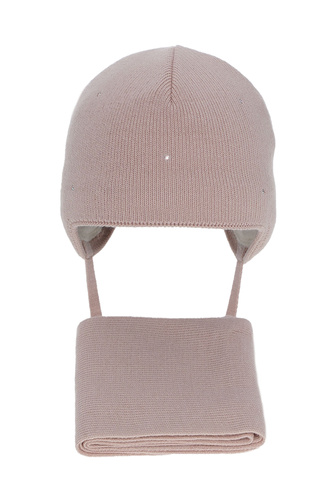 Meisjes winter set muts en sjaal, roze, met bindkoorden, Moli