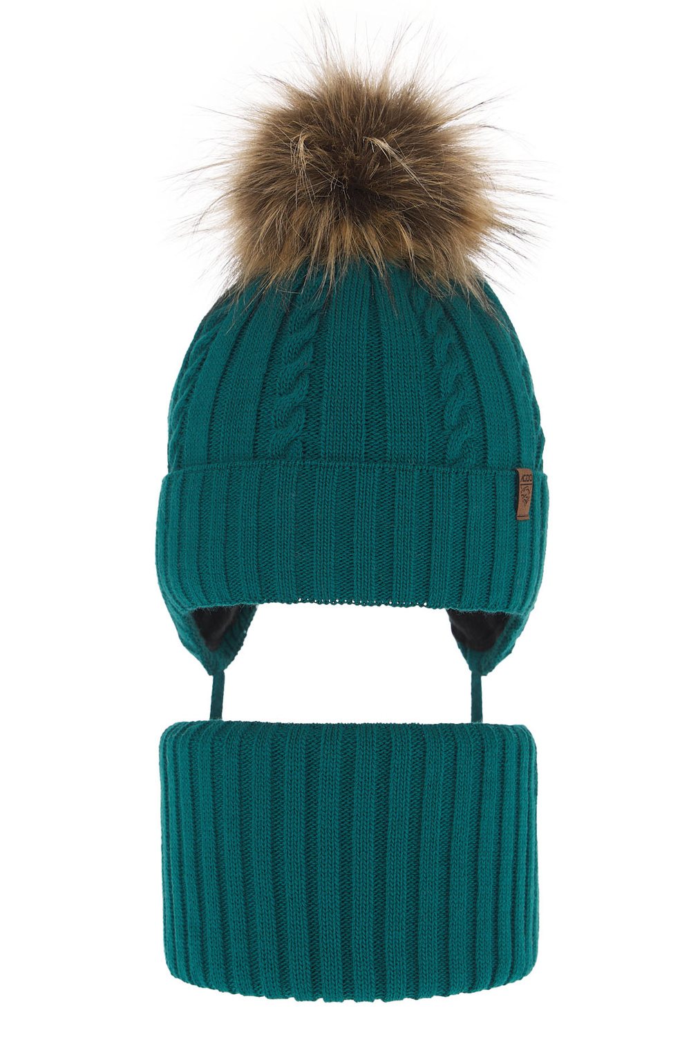 Ensemble d'hiver garçon: bonnet et snood, vert émeraude, avec pompon, avec liens, Peter
