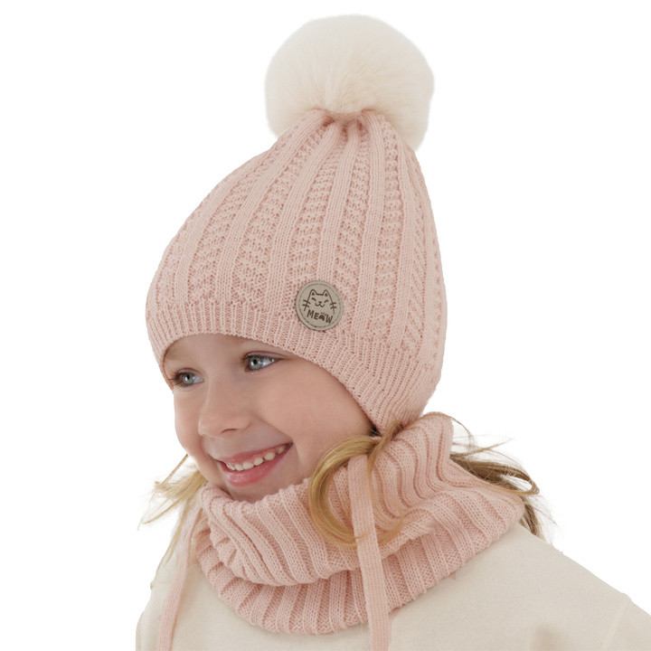 Ensemble d'hiver fille: bonnet et snood, rose clair, avec pompon, Kenta