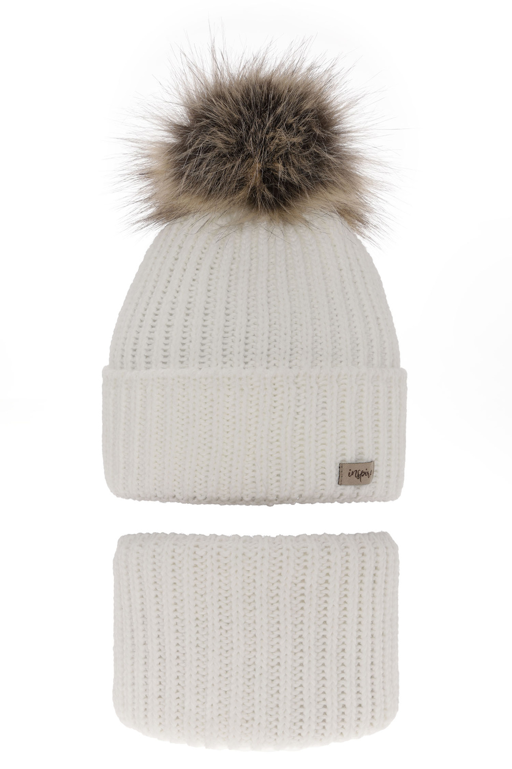 Ensemble d'hiver fille: bonnet et snood, blanc, avec pompon, Willow