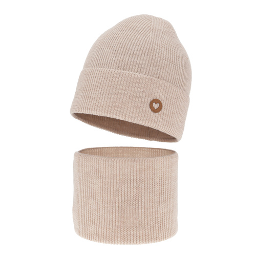 Ensemble automne/printemps fille: bonnet et snood, beige, avec laine mérinos, Brook