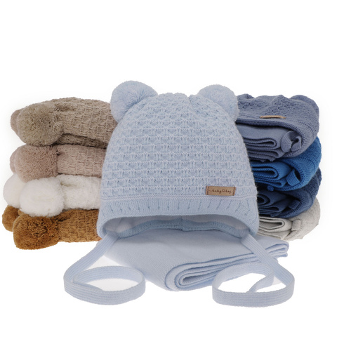 Ensemble d'hiver garçon: bonnet et écharpe, blanc, avec deux pompons, avec liens, Franki