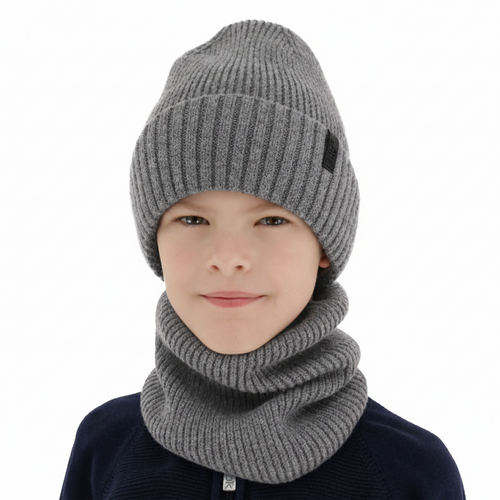 Jongens winter set: muts en buissjaal, 100% Merino Wol, gevoerd met merinowol, grijs Harbin
