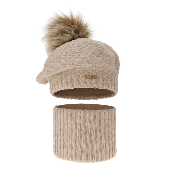Ensemble d'hiver fille: beret et snood, beige, avec pompon, Atene