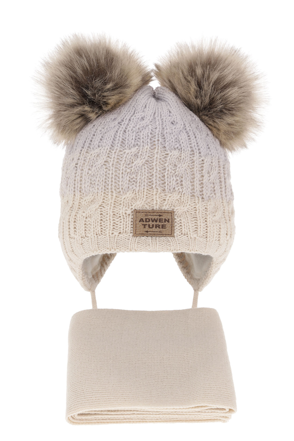 Ensemble d'hiver garçon: bonnet et écharpe, beige, avec deux pompons, Platon
