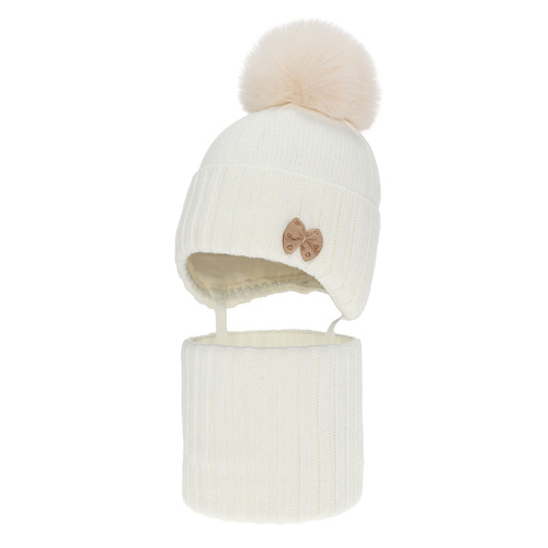 Ensemble d'hiver fille: bonnet et snood, crème, avec pompon, Talena
