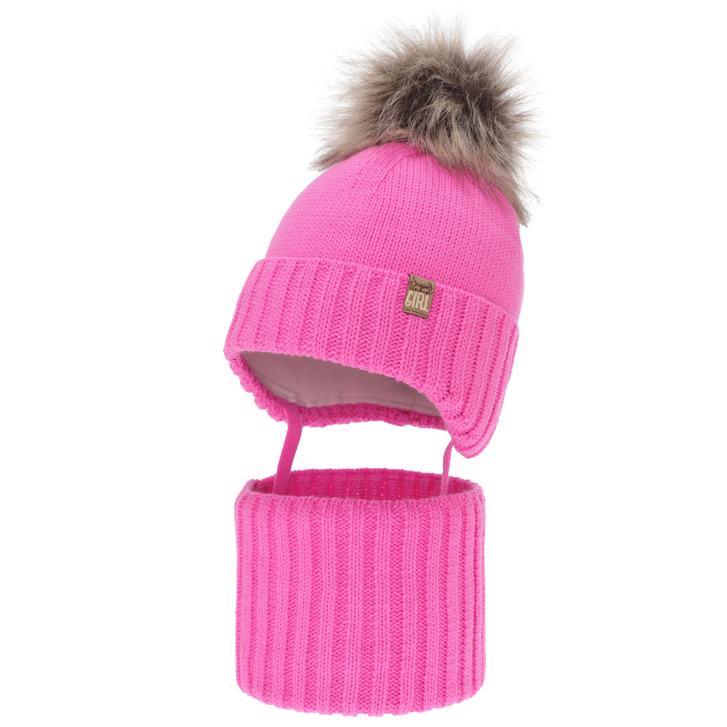 Meisjes winter set (muts en buissjaal), roze, met pompon, Primula