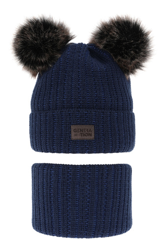 Ensemble d'hiver garçon: bonnet et snood, bleu marine, avec deux pompons, Tokio