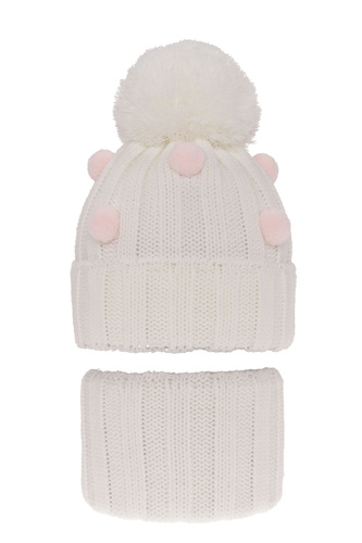 Ensemble d'hiver fille: bonnet et snood, blanc, avec pompon, Hekate