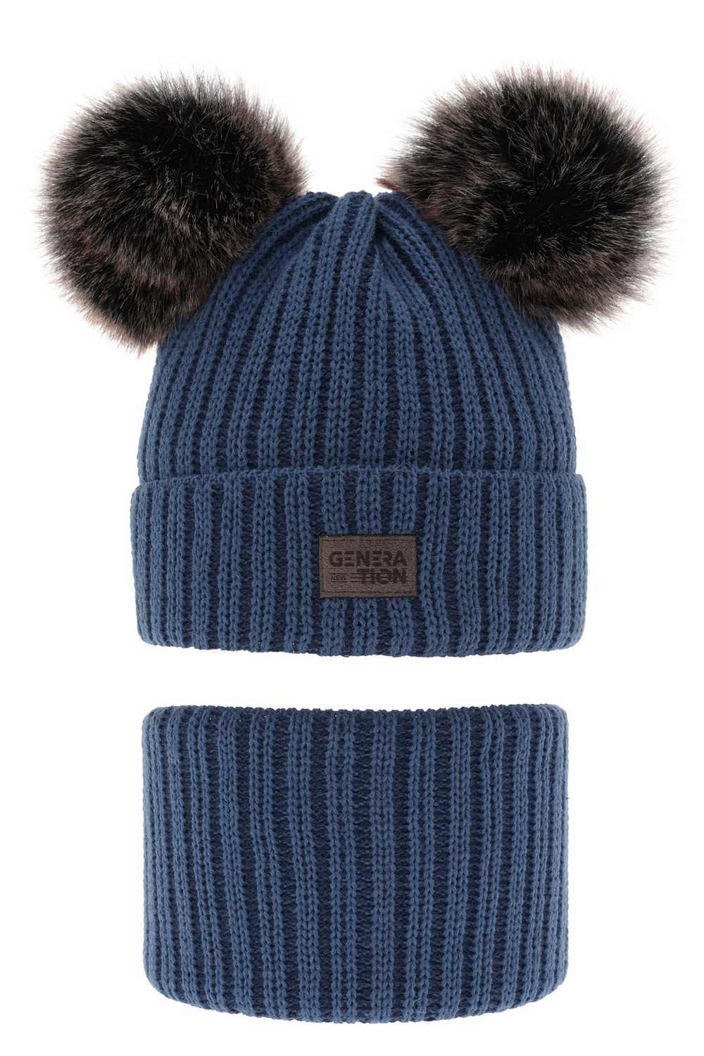 Ensemble d'hiver garçon: bonnet et snood, bleu, avec deux pompons, Tokio