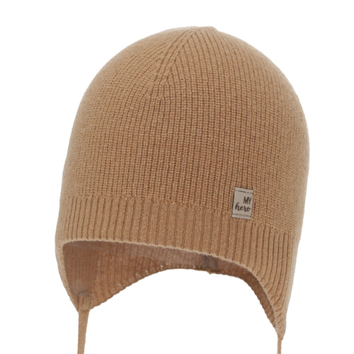 Jongens herfst/lente muts, camel, met merinowol, met bindkoorden, Tono
