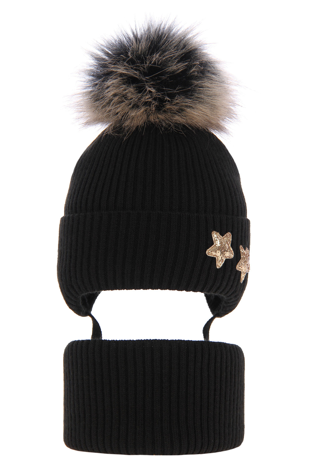 Meisjes winter set muts en buissjaal, zwart, met bindkoorden, met garen pompon, Delicja