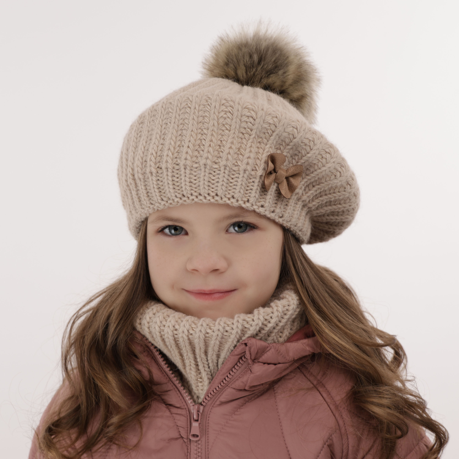Ensemble d'hiver fille: beret et snood, noir, avec pompon, Polinezja